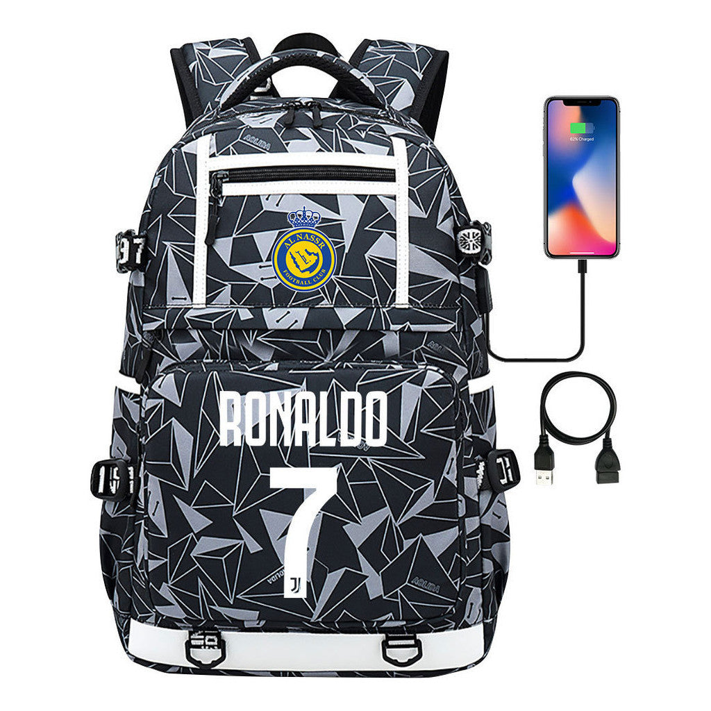 Football Star Cristiano Ronaldo Printed Usb Youth Student Backpack For Men And Women, Backpack For Leisure Travel