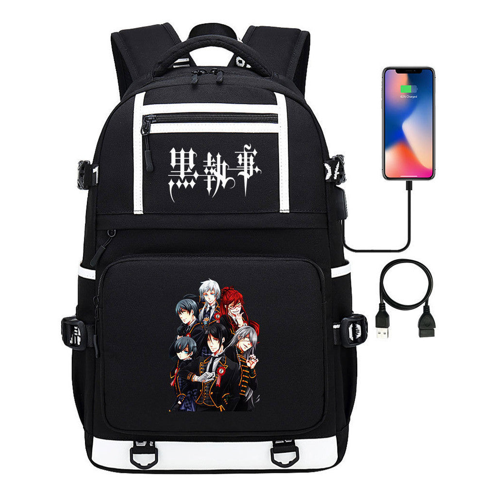 Manga Black Deacon Black Butler Printed Usb Youth Student Backpack Men's And Women's Leisure Travel Backpack
