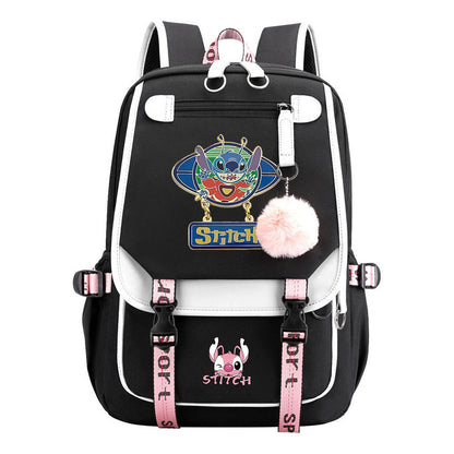 Interstellar Baby Stitch Usb Youth School Bag Casual Ribbon Flip Backpack