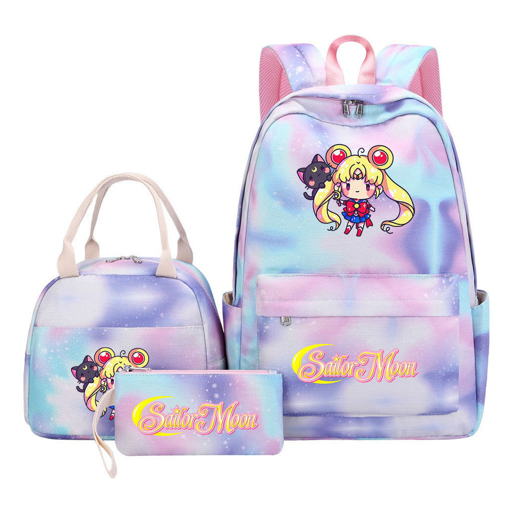 Beautiful Girl Warrior Student Schoolbag Lunch Bag Three Piece Set Backpack Cover
