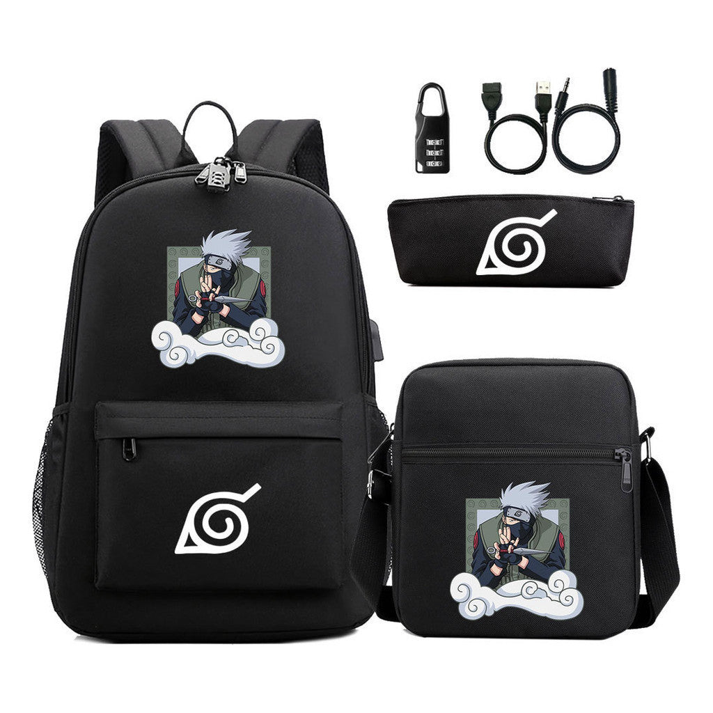 Fashionable Naruto Usb Password Lock Youth Student School Bag Three Piece Backpack Set