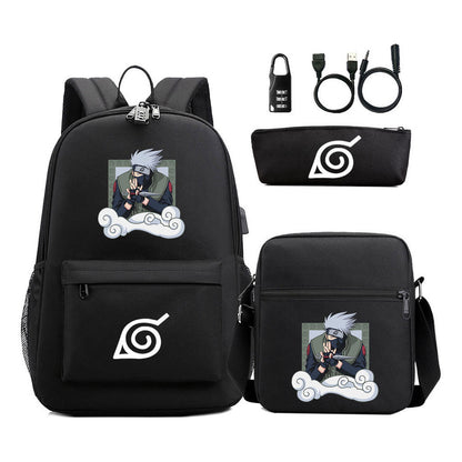Fashionable Naruto Usb Password Lock Youth Student School Bag Three Piece Backpack Set