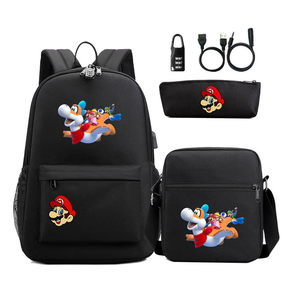 Super Mario Usb Password Lock Youth Student Backpack 3-piece Set For Men And Women Backpacks