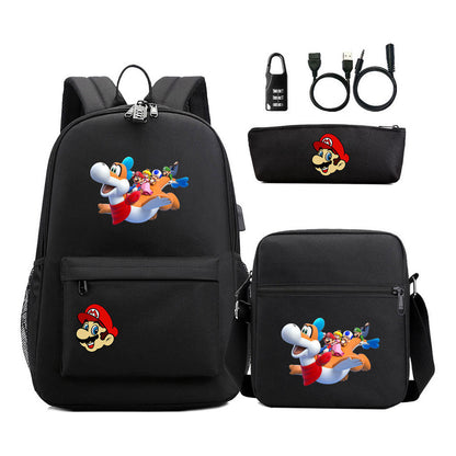 Super Mario Usb Password Lock Youth Student Backpack 3-piece Set For Men And Women Backpacks