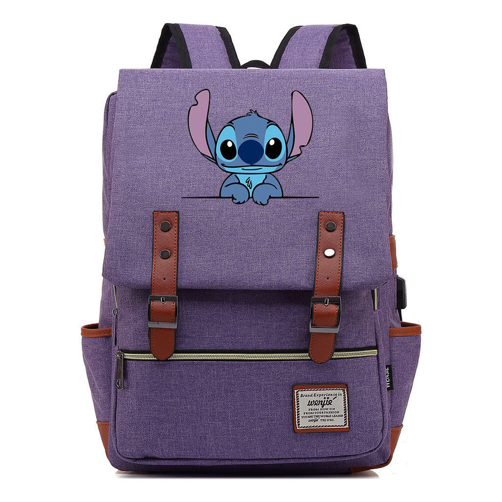 Anime Star Baby Stitch Printed Youth Student Backpack Usb Casual Backpack