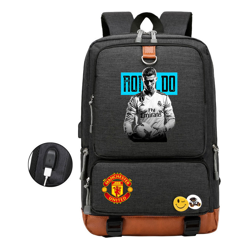 Football Star Cristiano Ronaldo Printed Usb Youth Student Backpack For Leisure Travel Backpack