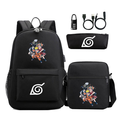 Naruto Usb Password Lock Youth Student Backpack Three Piece Set For Men And Women Backpack Set