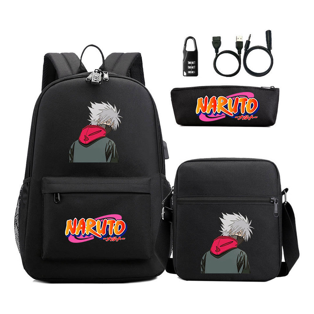 Naruto Usb Password Lock Youth Student Backpack Three Piece Set For Men And Women Backpacks