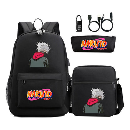 Naruto Usb Password Lock Youth Student Backpack Three Piece Set For Men And Women Backpacks