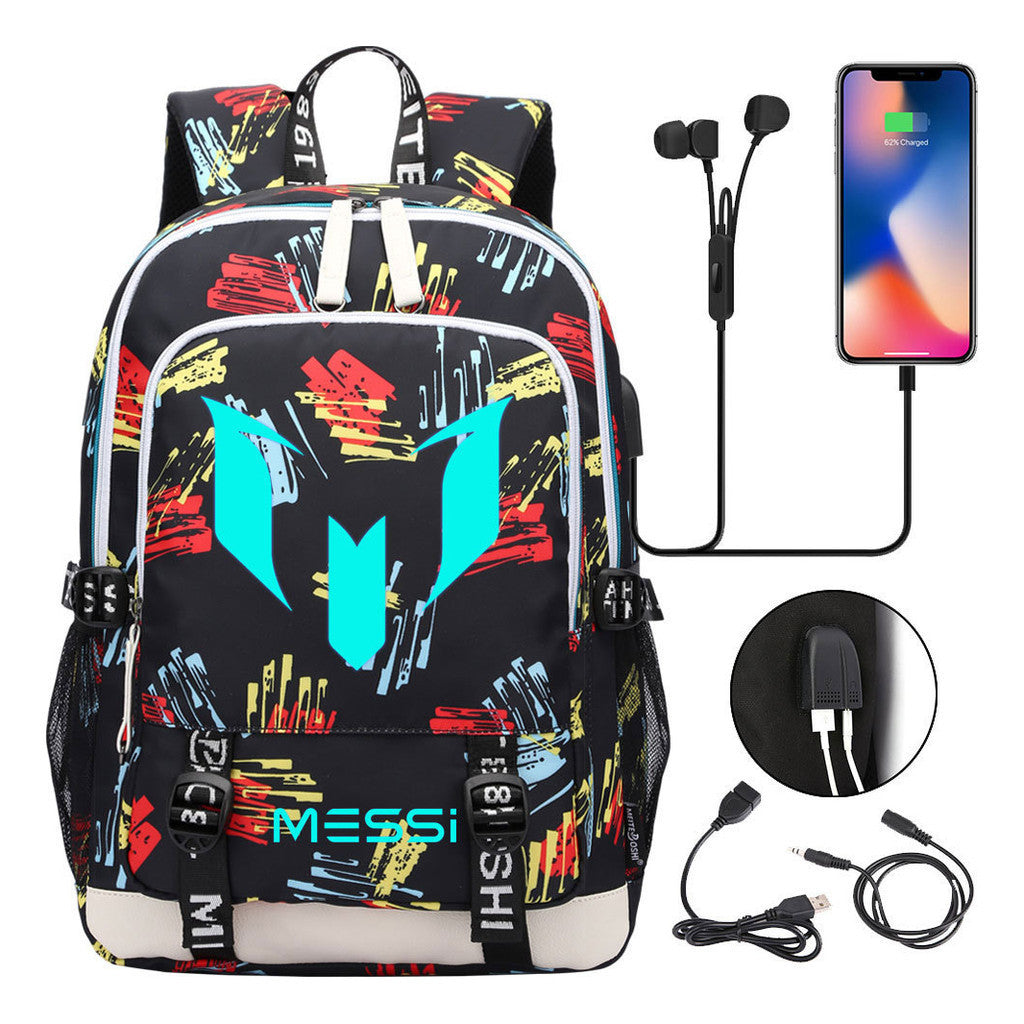 Blue Luminous Sports Football Star Teenagers Schoolbag Usb Leisure Backpack Men And Women