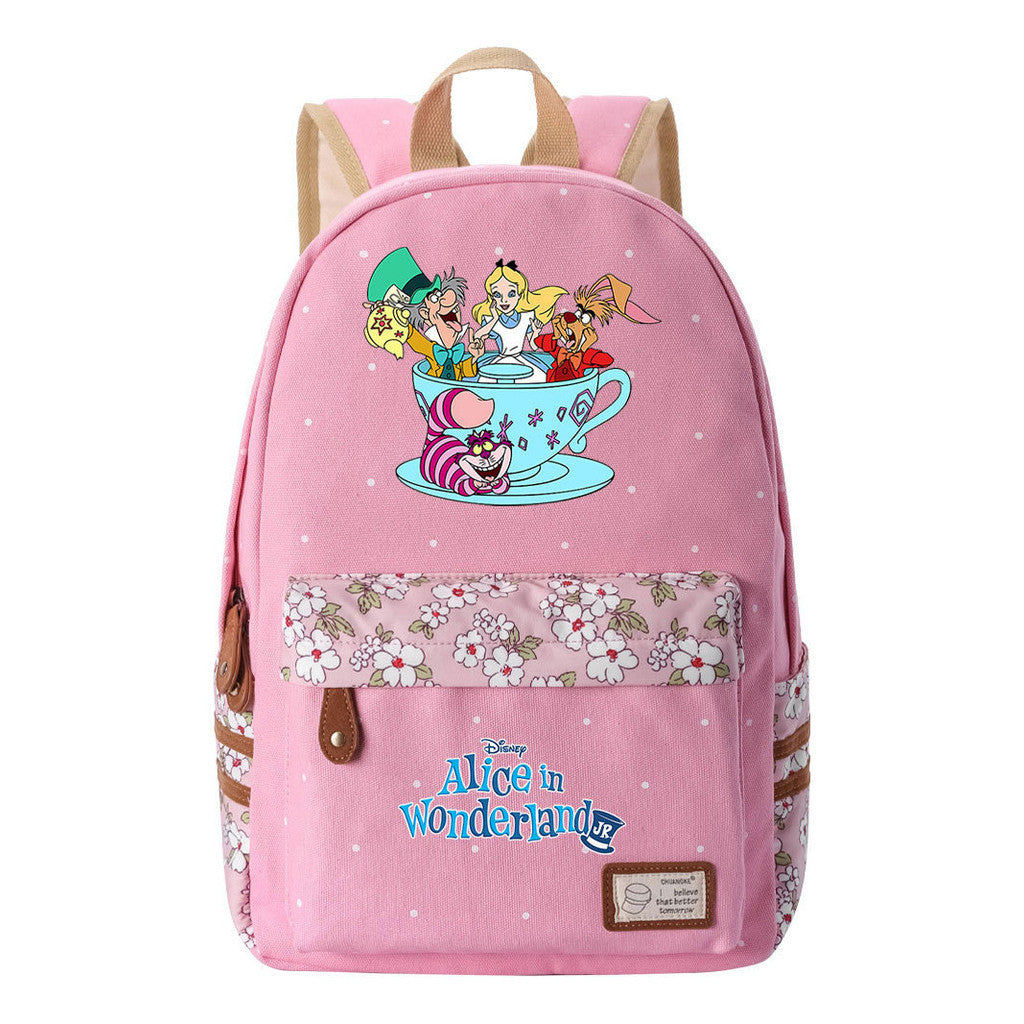 Anime Cartoon Cheshire Cat Print Youth Student Backpack With Floral Casual Backpack