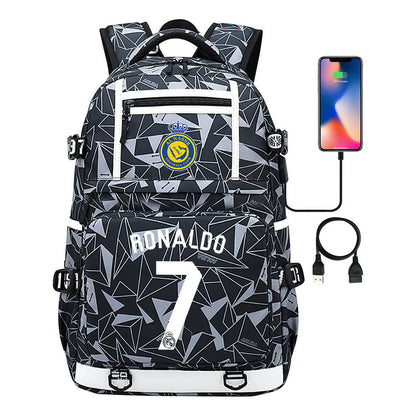 Football Star Cristiano Ronaldo Printed Usb Youth Student Backpack For Men And Women, Backpack For Leisure Travel