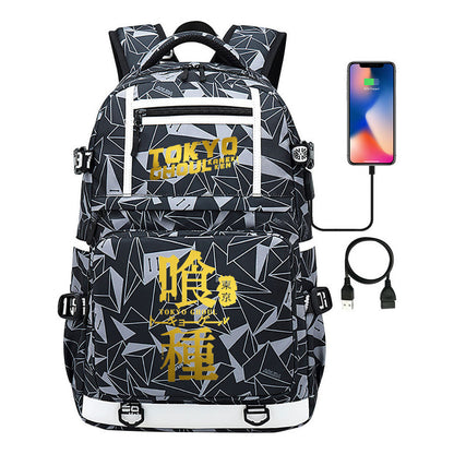 Golden Anime Tokyo Ghoul Print Usb Youth Student Backpack For Men And Women Leisure Travel Backpack