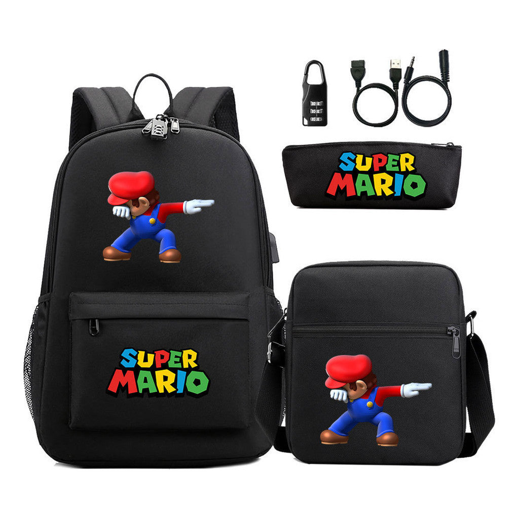 Super Mario Usb Password Lock Youth Student Backpack 3-piece Set For Men And Women Backpacks