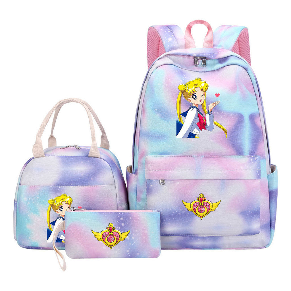 Anime Beauty Girl Warrior Girls School Bag Lunch Bag Three Piece Set Backpack Set