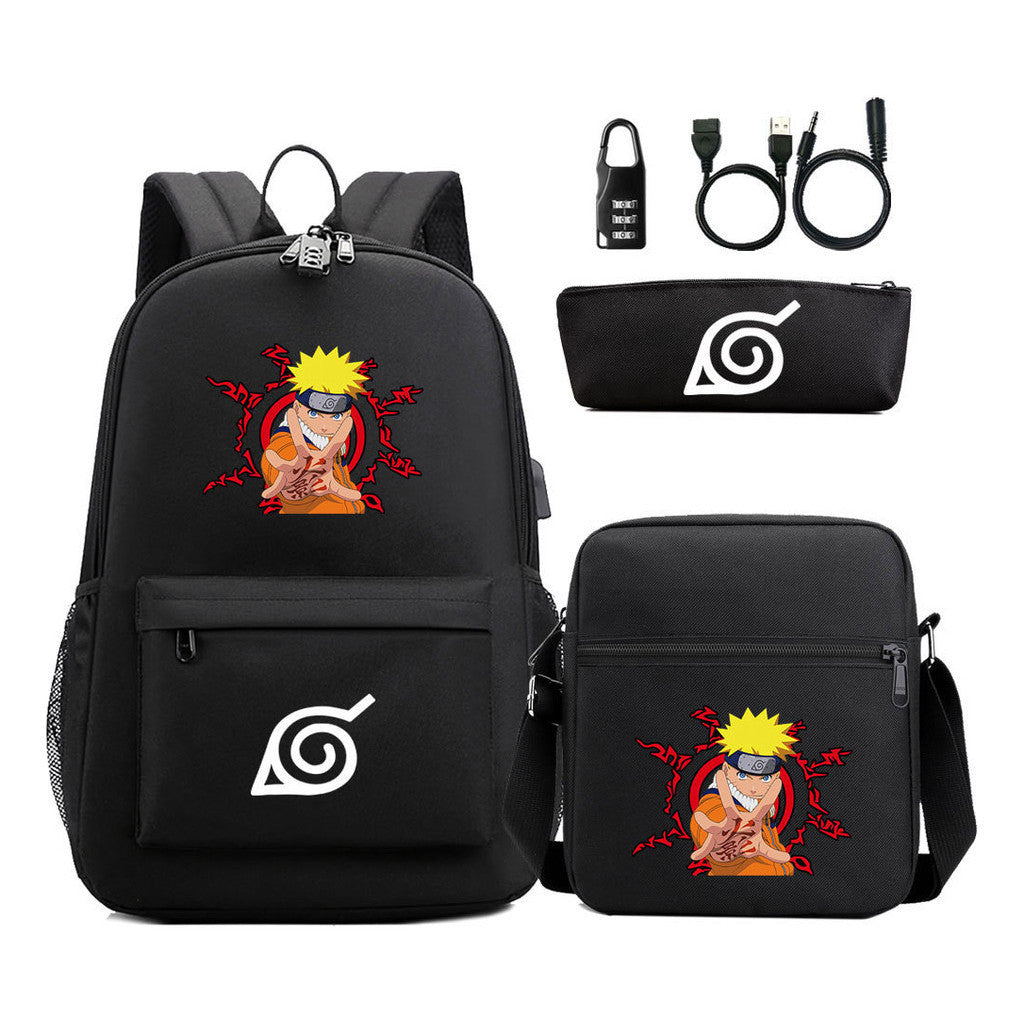 Naruto Usb Password Lock Backpack Three Piece Set For Men And Women Backpack Set