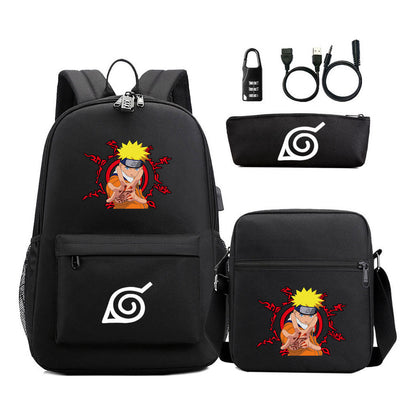 Naruto Usb Password Lock Backpack Three Piece Set For Men And Women Backpack Set