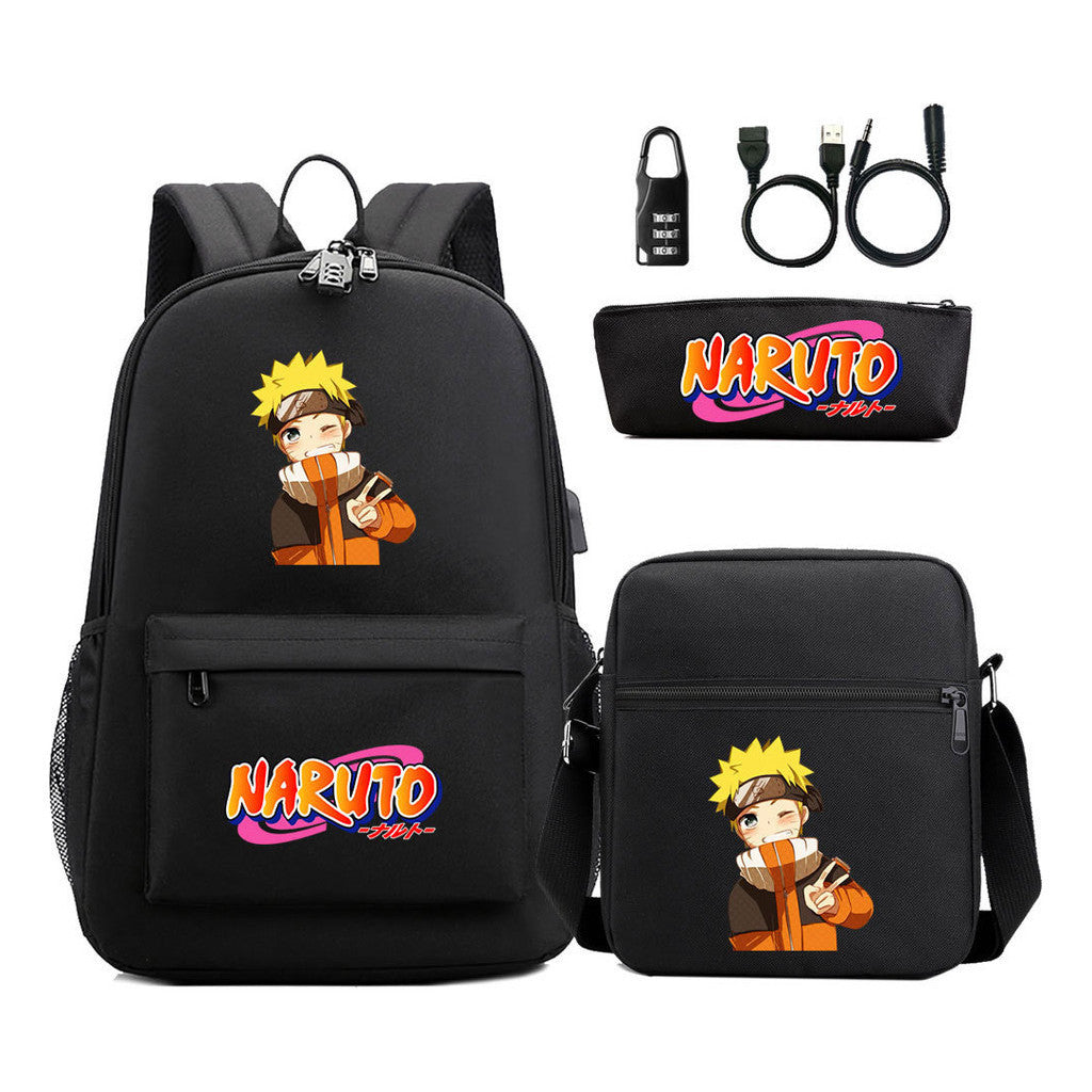 Naruto Usb Password Lock Youth Student Backpack Three Piece Set For Men And Women Backpacks
