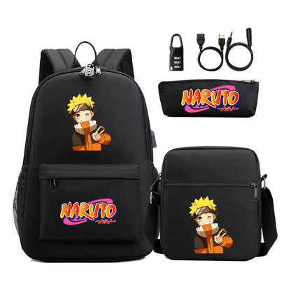 Naruto Usb Password Lock Youth Student Backpack Three Piece Set For Men And Women Backpacks