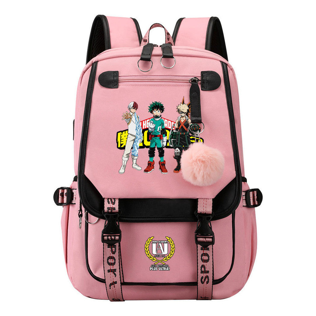 Comics My Heroes Academy Usb Student Backpack Casual Ribbon Flip Backpack