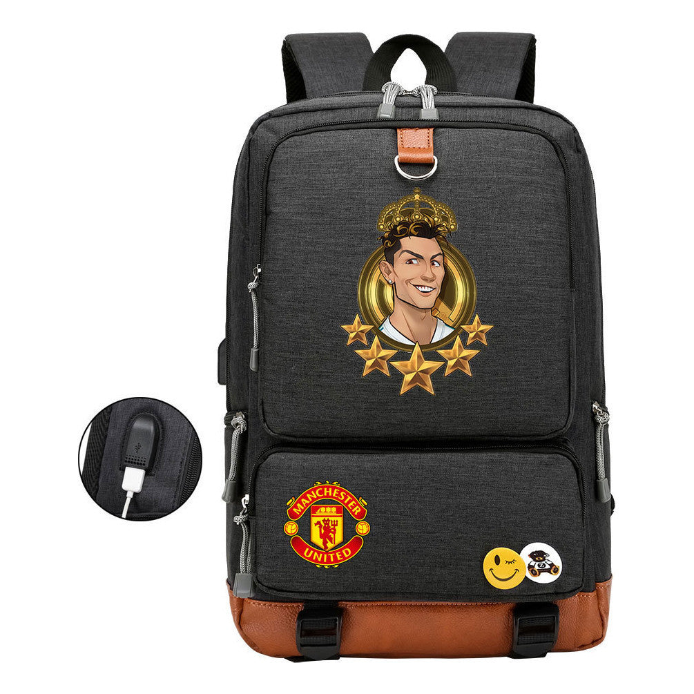 Football Star Cristiano Ronaldo Printed Usb Youth Backpack For Leisure Travel Backpack