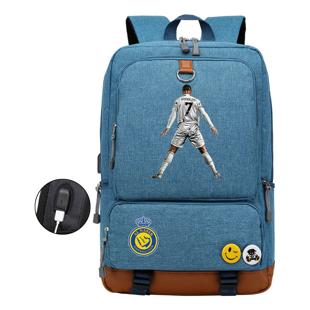 Football Star Cristiano Ronaldo Printed Usb Student Backpack Leisure Travel Backpack