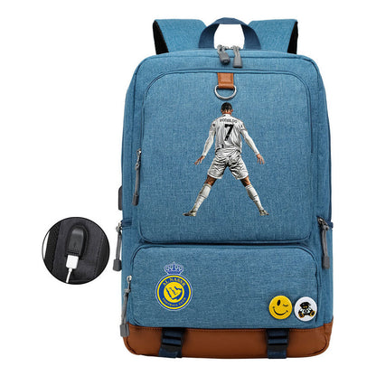 Football Star Cristiano Ronaldo Printed Usb Student Backpack Leisure Travel Backpack