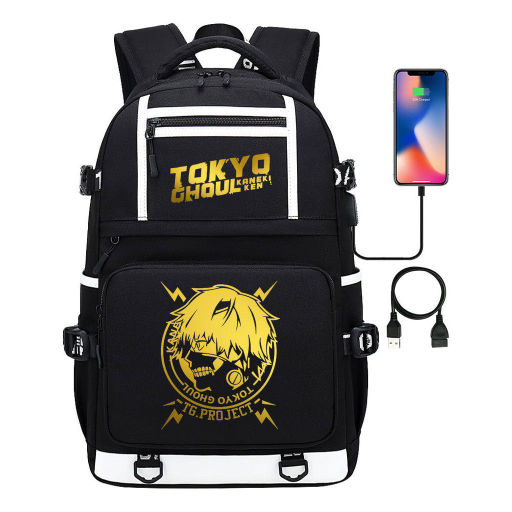 Golden Anime Tokyo Ghoul Print Usb Youth Student Backpack For Men And Women Leisure Travel Backpack