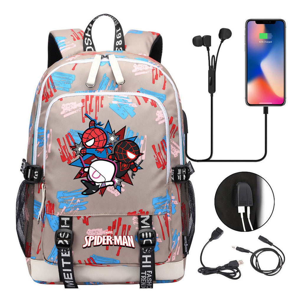 Superhero Printed Youth Primary And Secondary School Backpack Usb Men's And Women's Leisure Backpack