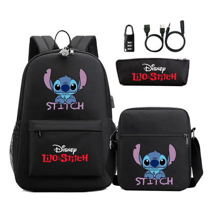 Interstellar Baby Stitch Usb Password Lock Youth Student Backpack 3-piece Set For Men And Women Backpacks