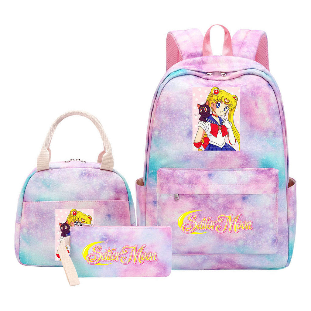 Beautiful Girl Warrior Student Schoolbag Lunch Bag Three Piece Set Backpack Cover