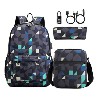 Usb Password Lock Youth Student Backpack Three Piece Set For Men And Women's Backpack Set