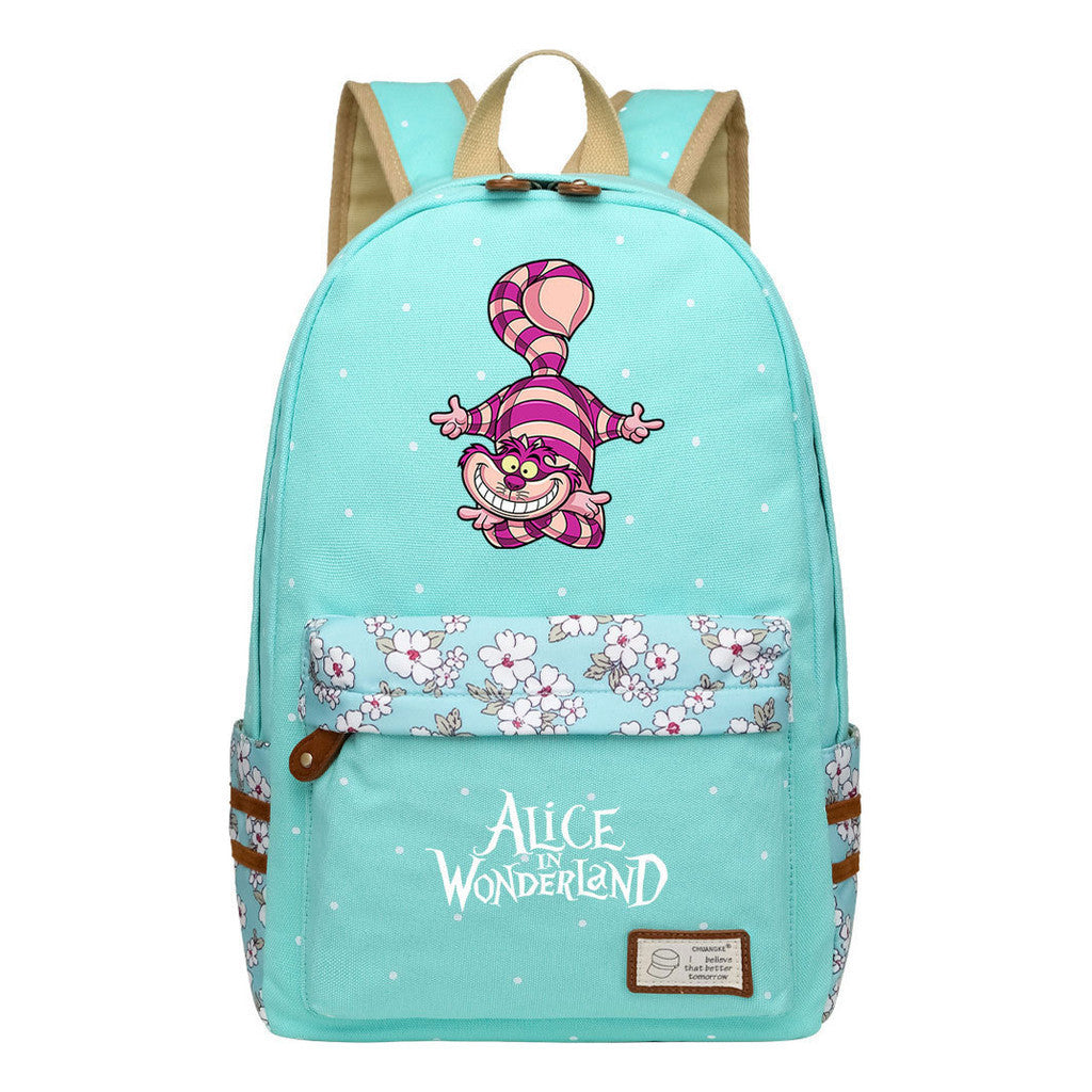 Anime Cartoon Cheshire Cat Print Student Backpack, Floral Casual Backpack
