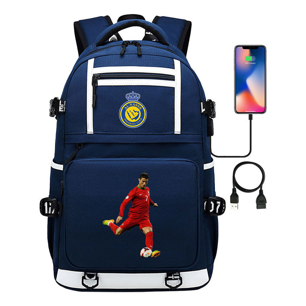 Football Star Cristiano Ronaldo Printed Usb Youth Student Backpack For Men And Women, Backpack For Leisure Travel