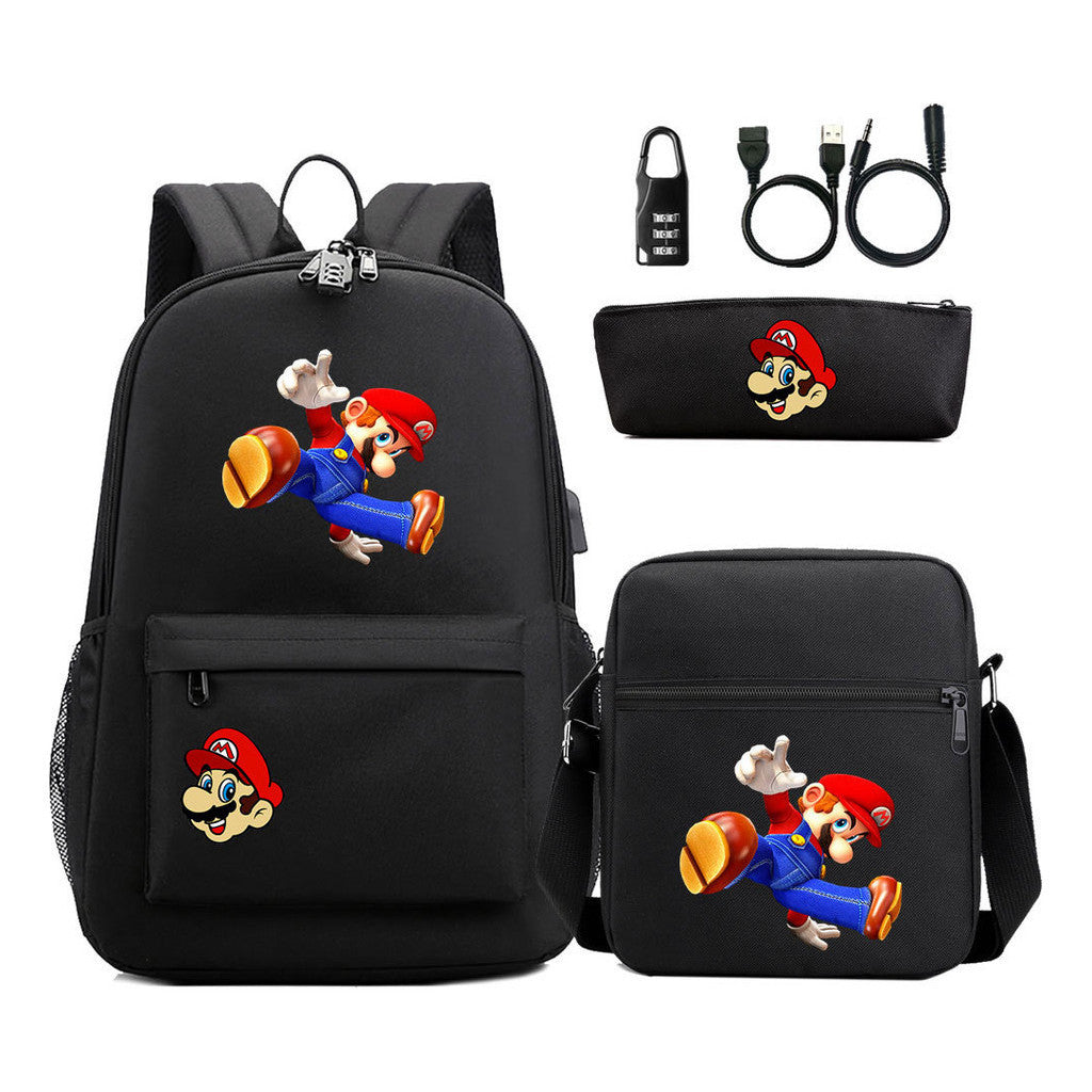 Super Mario Usb Password Lock Youth Student Backpack 3-piece Set For Men And Women Backpacks