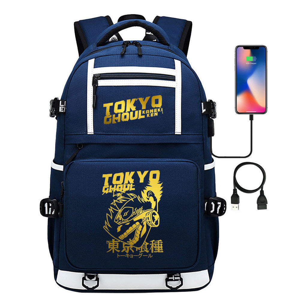 Golden Anime Tokyo Ghoul Print Usb Youth Student Backpack For Men And Women Leisure Travel Backpack