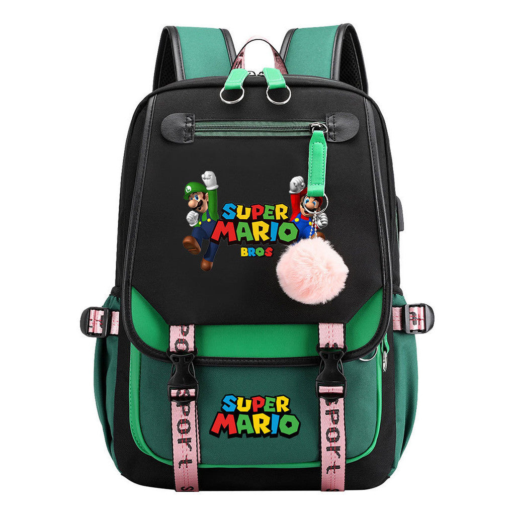 Super Mario Printed Usb Youth Student Backpack For Men And Women With Casual Woven Strap Flap Backpack