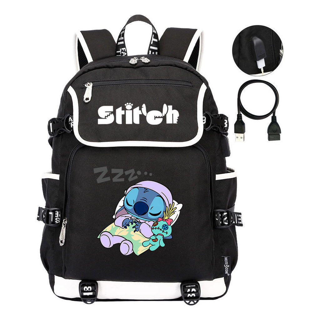Anime Star Baby Stitch Printed Usb Youth Student Backpack For Men And Women's Leisure Travel Backpack