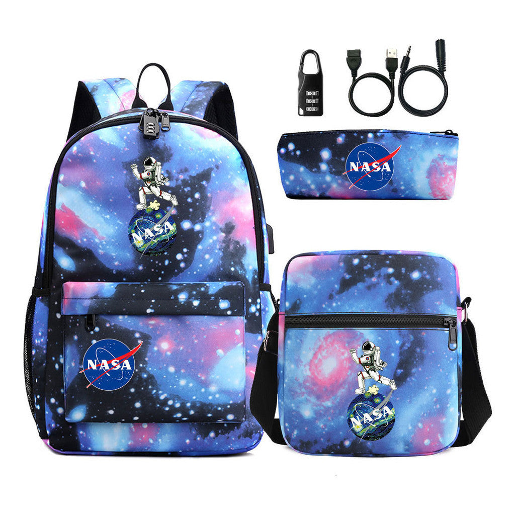 Fashionable Usb Password Lock Youth Student Backpack Three Piece Set Backpack