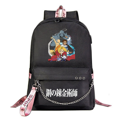 Steel Alchemist Printed Usb Youth Student Backpack For Men And Women's Leisure Travel Backpack