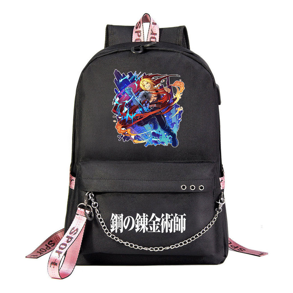 Steel Alchemist Printed Usb Youth Student Backpack For Men And Women's Leisure Travel Backpack
