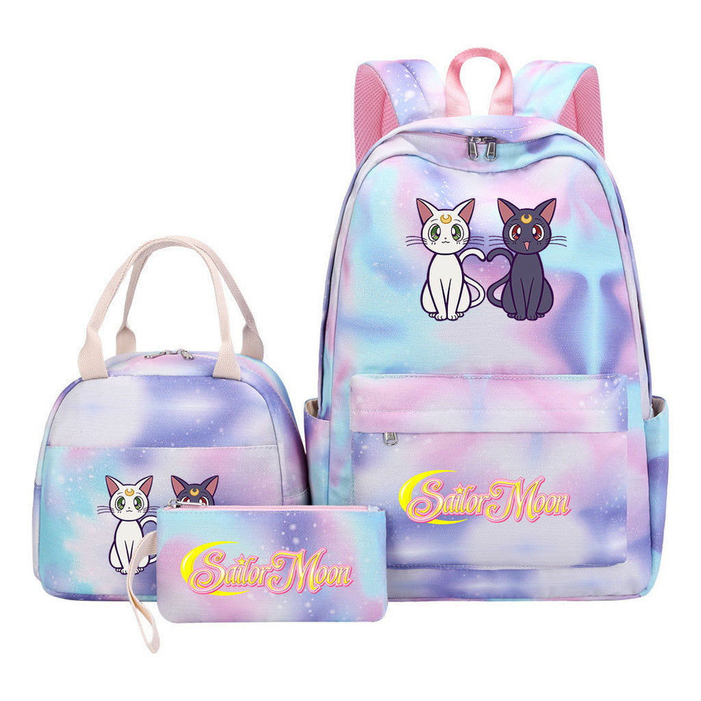 Anime Beauty Girl Warrior Youth Student Girl Schoolbag Lunch Bag Three Piece Set Backpack Set