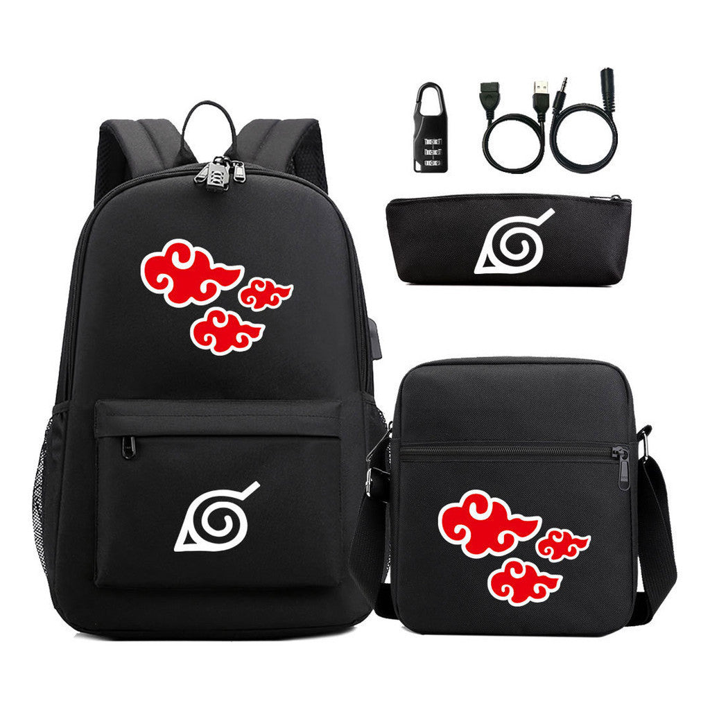 Naruto Usb Password Lock Youth Student Backpack Three Piece Set For Men And Women Backpack Set