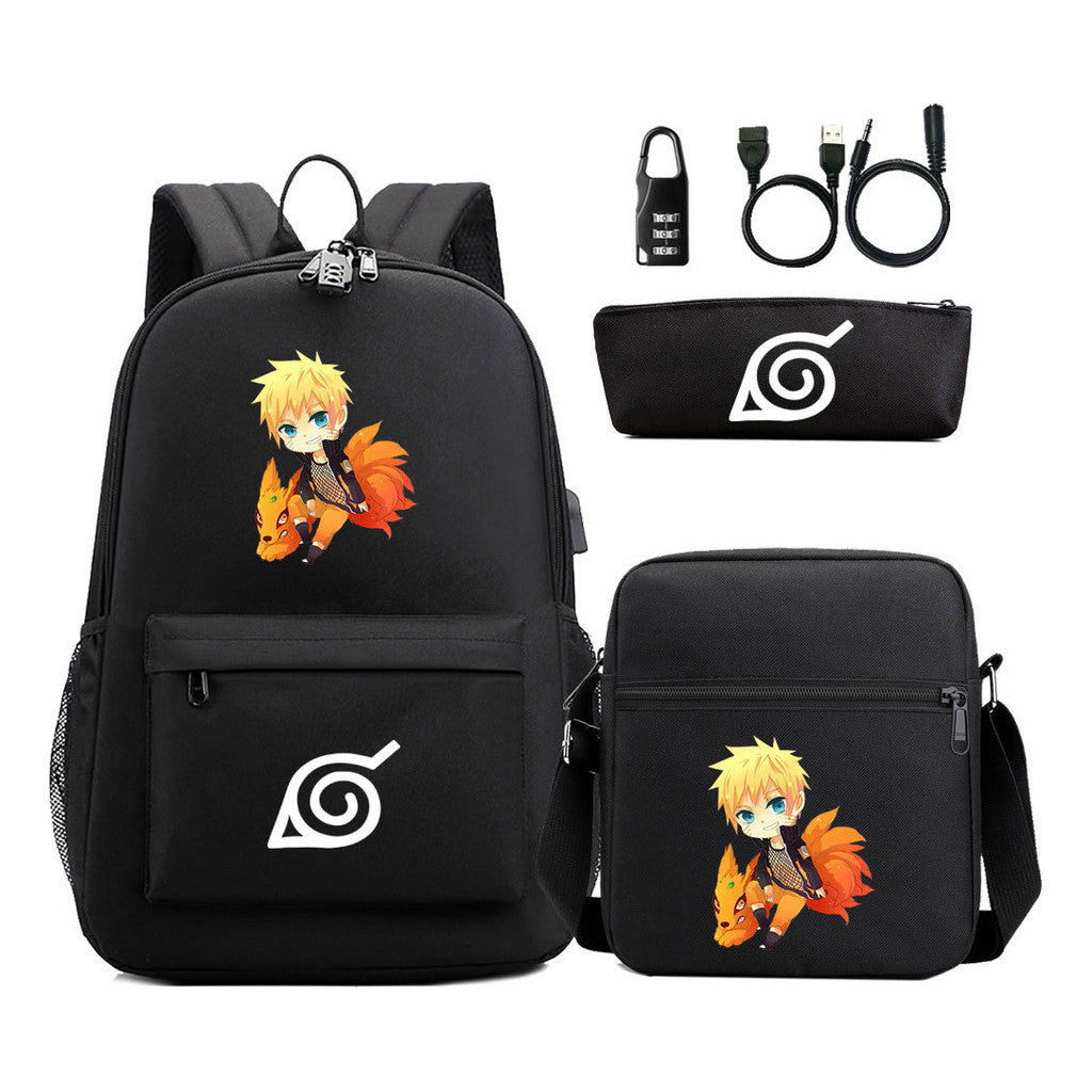 Fashionable Naruto Usb Password Lock Youth Student School Bag Three Piece Backpack Set