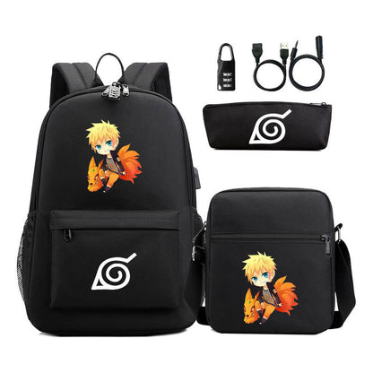 Fashionable Naruto Usb Password Lock Youth Student School Bag Three Piece Backpack Set