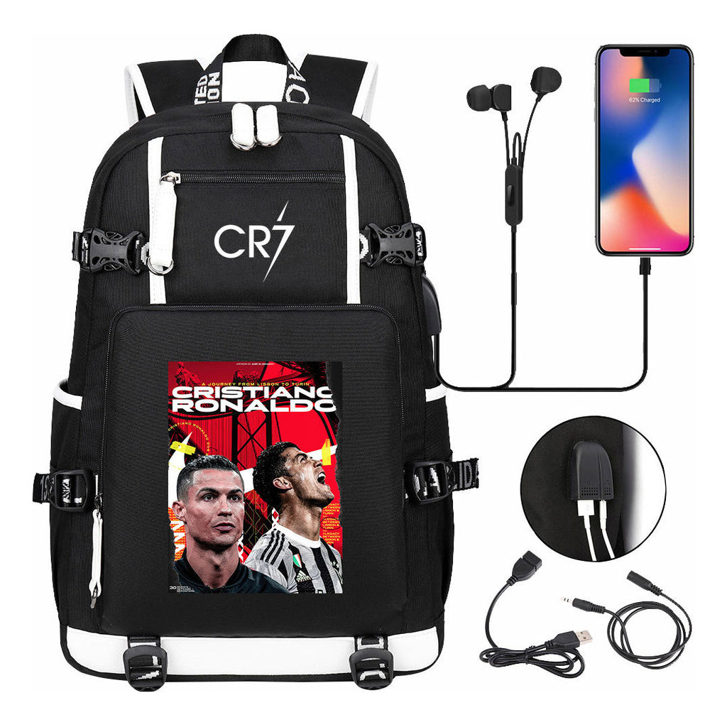 Football Dribbling Star Cristiano Ronaldo Printed Usb Large Capacity Youth Student Backpack For Men And Women's Leisure Travel Backpack