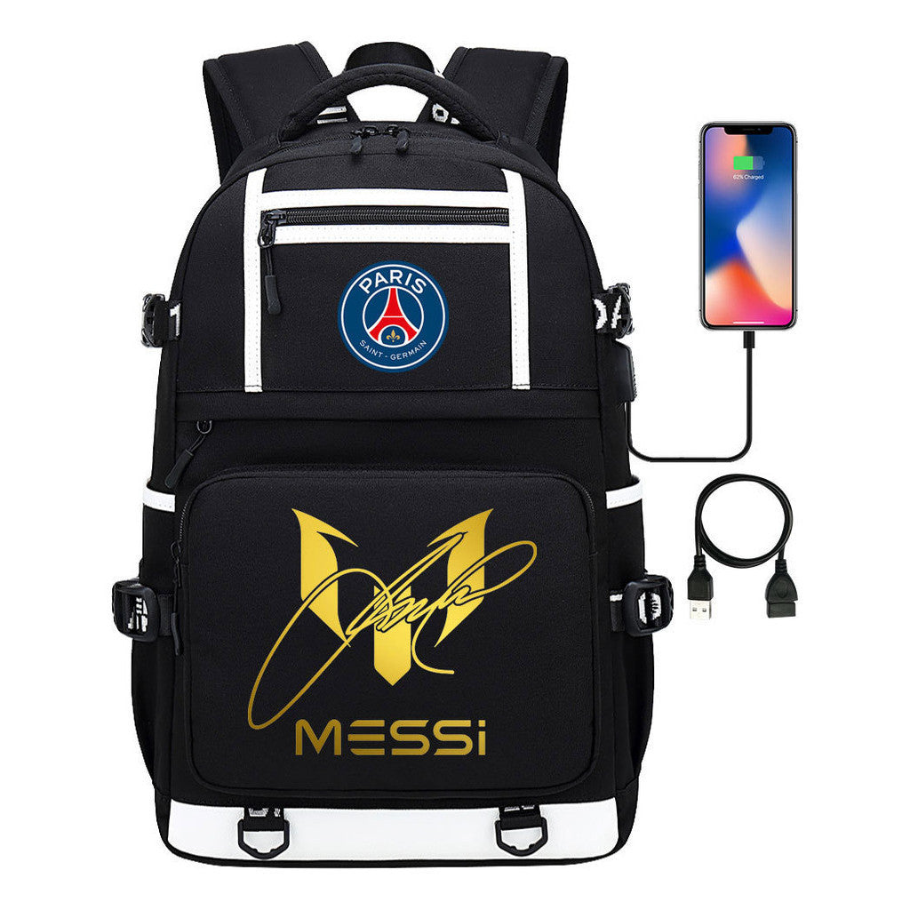 Gold Sports Football Star Printed Usb Youth School Bag Backpack Leisure Travel Backpack