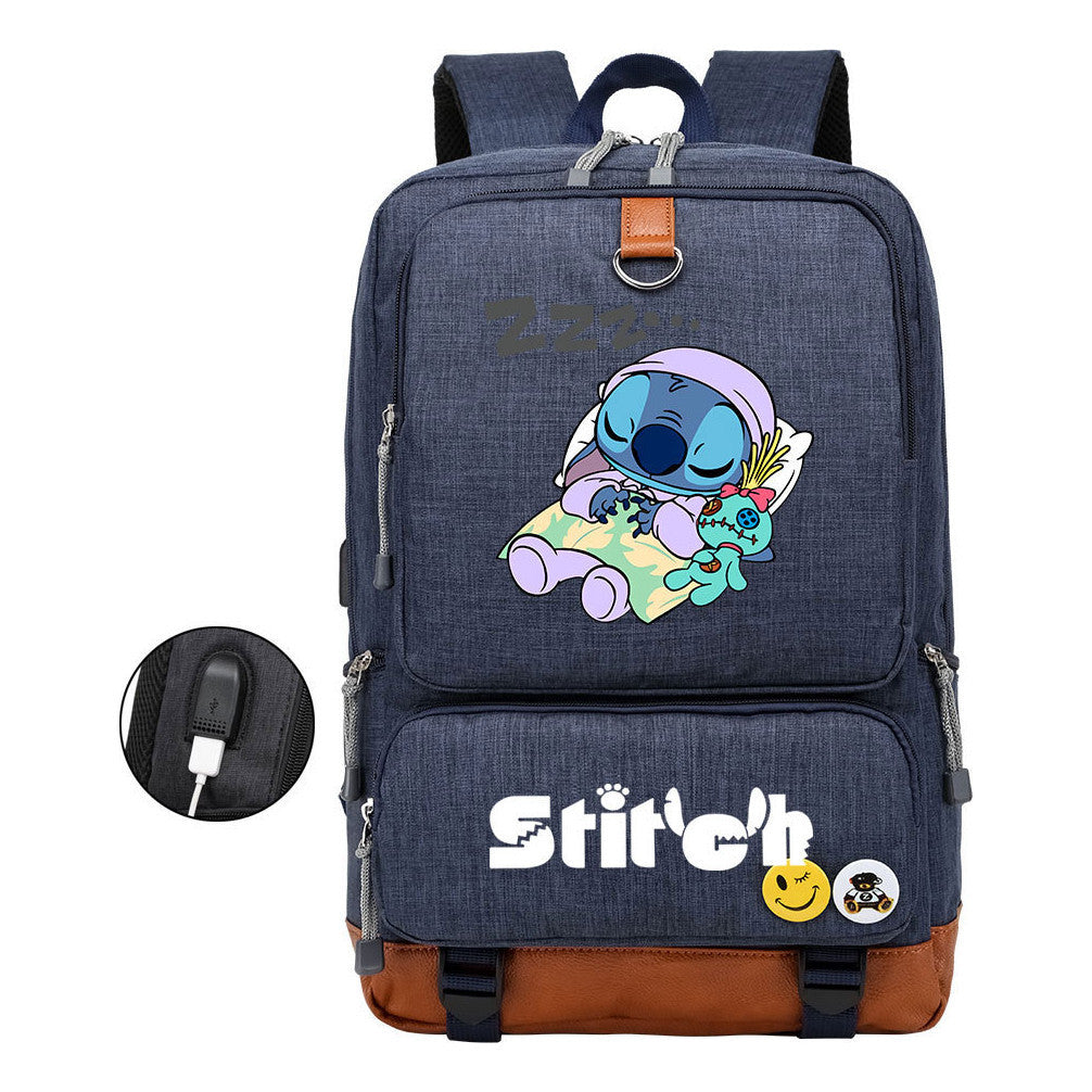 Anime Star Baby Stitch Printed Usb Youth Student Backpack For Men And Women's Leisure Travel Backpack