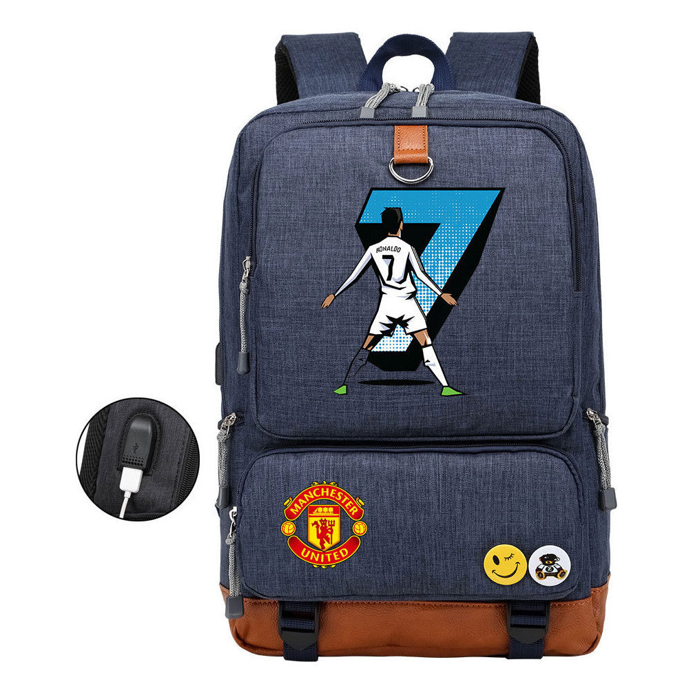 Football Star Cristiano Ronaldo Printed Usb Youth Student Backpack For Leisure Travel Backpack