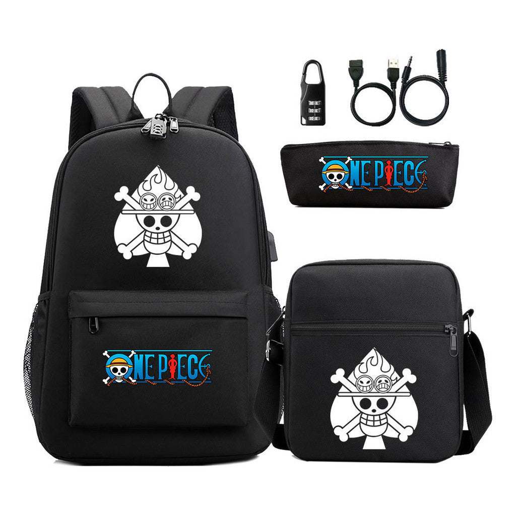 Cartoon Pirate King Usb Password Lock Youth Student School Bag Three Piece Set For Boys And Girls Backpack Set